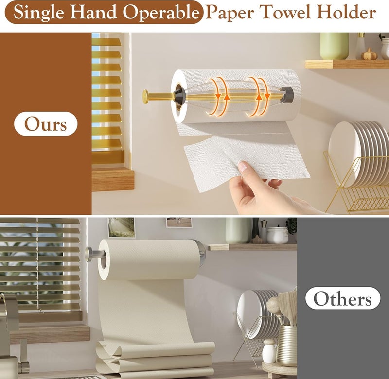 Winproper Paper Towel Holder Under Cabinet with 2 Hooks, Paper Towel Holder Wall Mount with Damping Effect, Self-Adhesive or Drilled Paper Roll Holders for Kitchen, Bathroom, RV(Gold) - Image 2